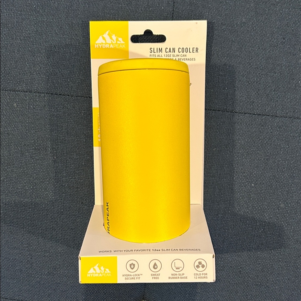 Hydrapeak Yellow Slim Can Cooler Non-slip base sweat free cold for 12 hours